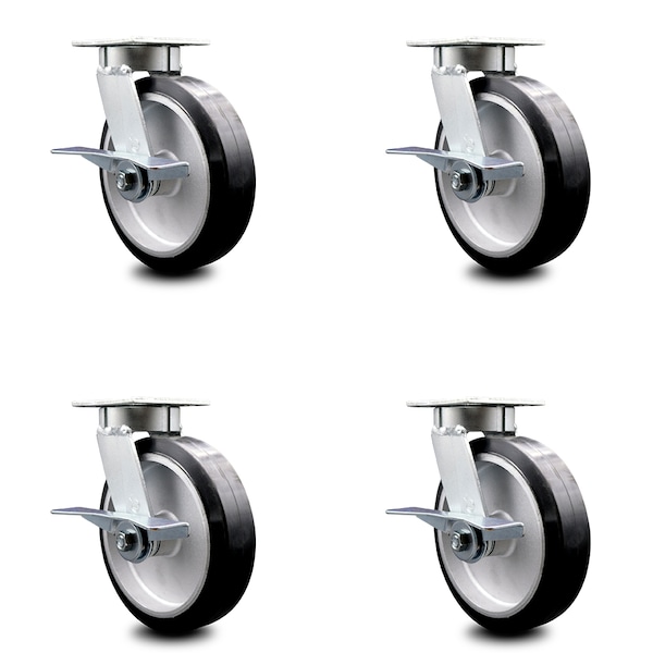8 Inch Kingpinless Rubber on Aluminum Wheel Swivel Caster Set with Brakes SCC